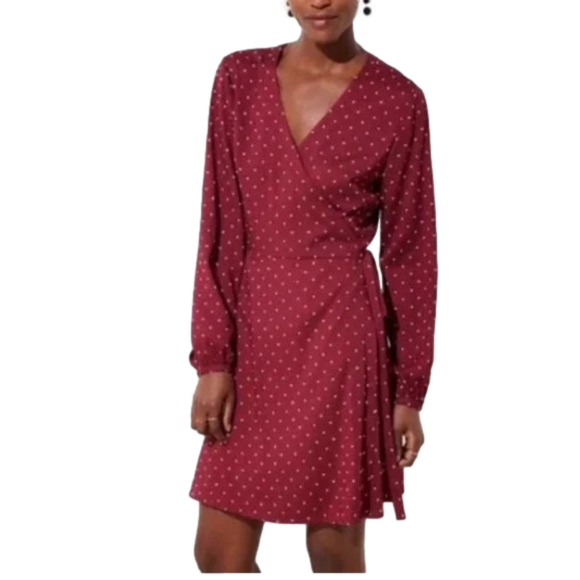 LOFT Dresses & Skirts - Ann Taylor Loft Burgundy White Star Wrap Tie Dress Size 6P